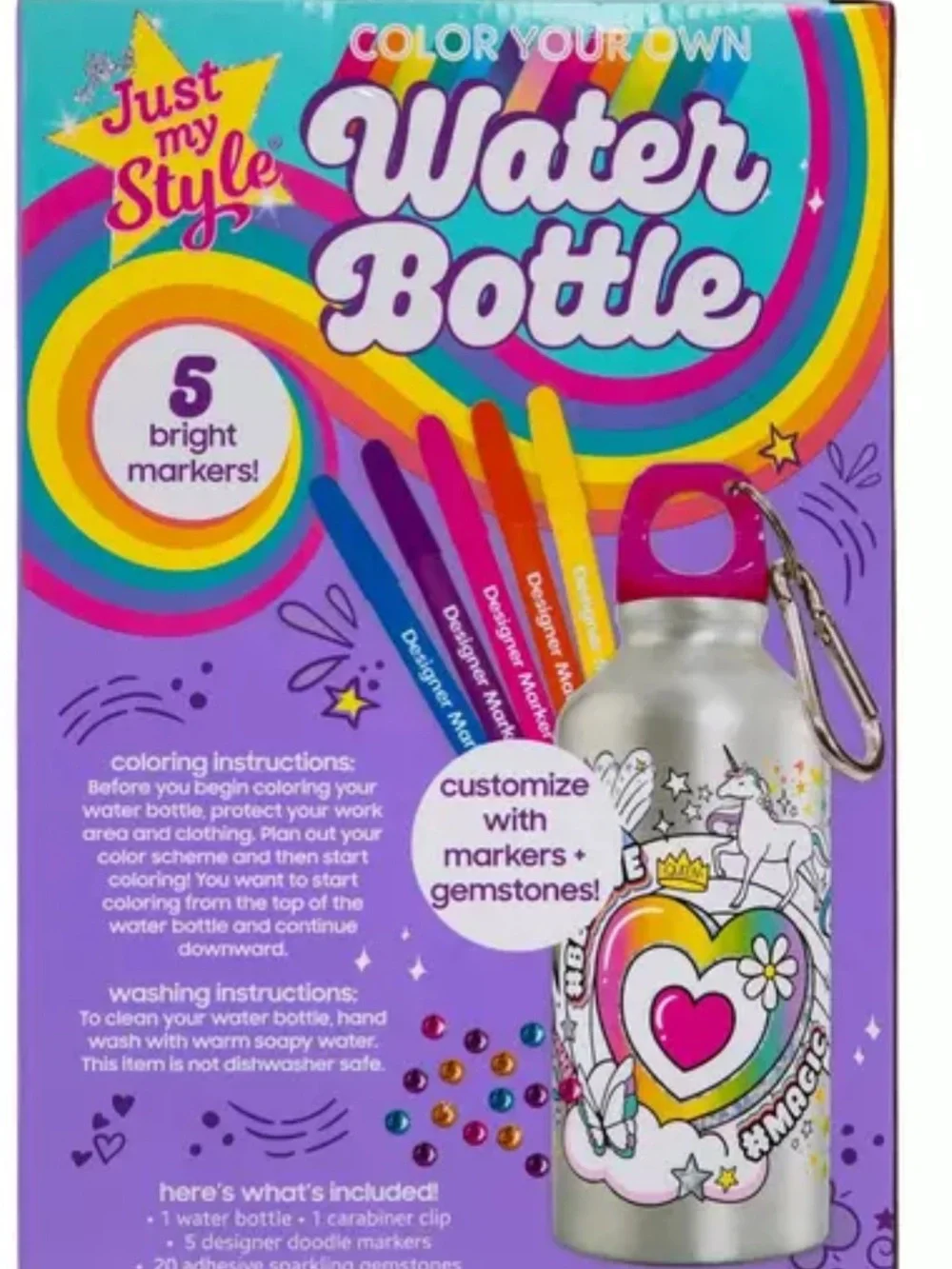 Just My Style Color-Your-Own Kids Water Bottle - Silver & Pink